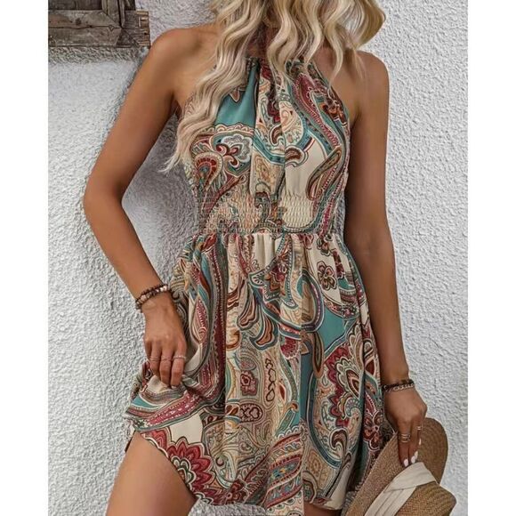 NEW SZ L Beautiful Paisley Print Boho Sleeveless Halter Neck Dress - Picture 3 of 5